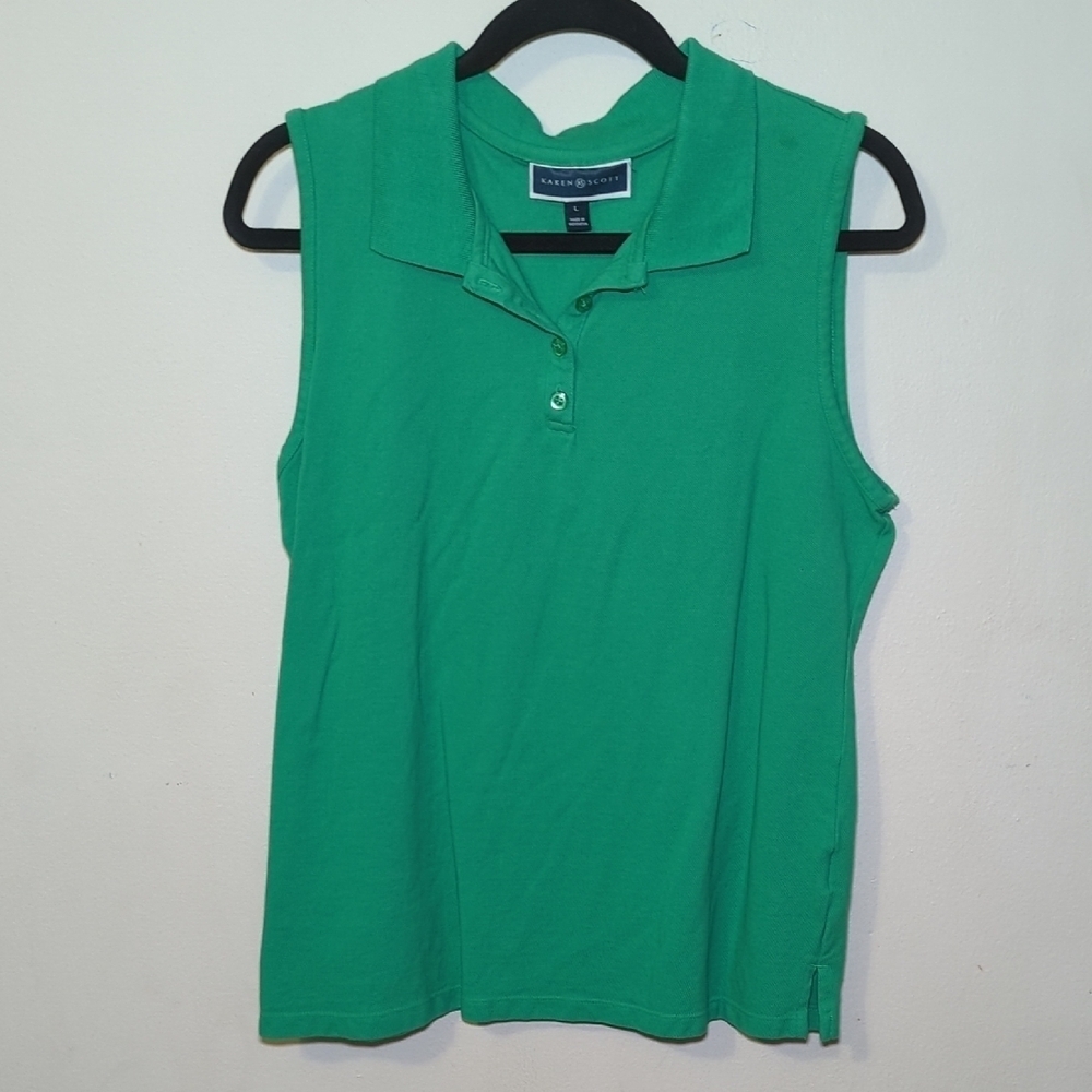 Karen Scott Green Sleeveless Polo Shirt Collared 100% Cotton Women's Size L